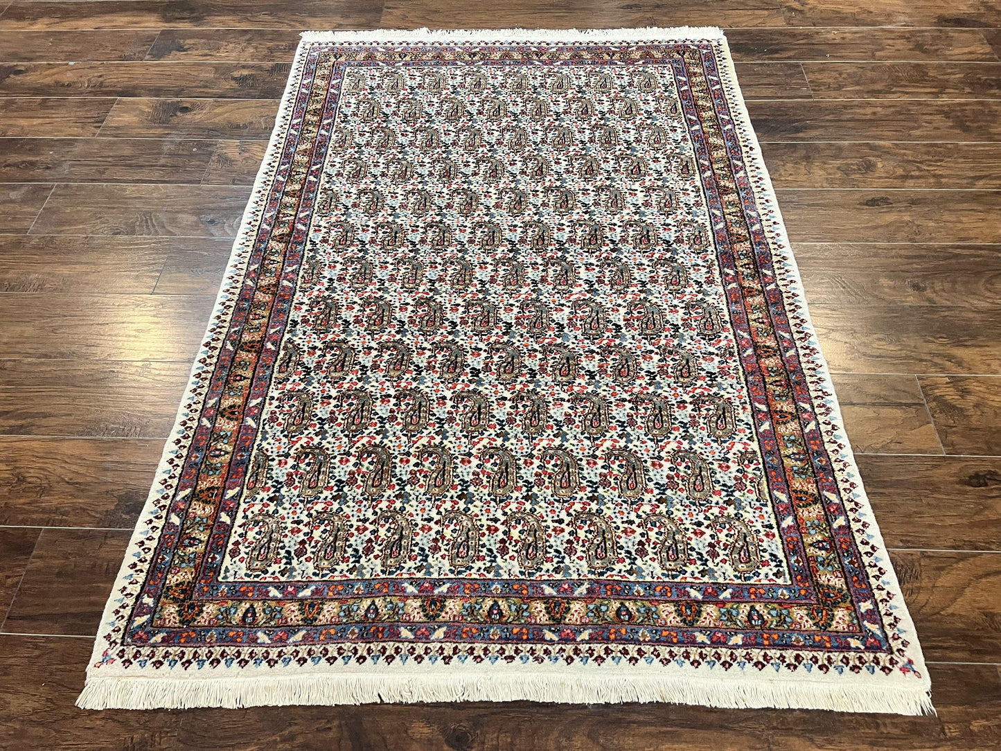 Persian Rug 4x6, Mashad Kashmar Rug, Boteh Paisley Design, Allover Repeated Pattern, Ivory Hand Knotted Vintage Semi Antique Persian Oriental Carpet - Nuvé