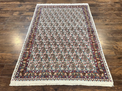 Persian Rug 4x6, Mashad Kashmar Rug, Boteh Paisley Design, Allover Repeated Pattern, Ivory Hand Knotted Vintage Semi Antique Persian Oriental Carpet - Nuvé
