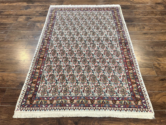 Persian Rug 4x6, Mashad Kashmar Rug, Boteh Paisley Design, Allover Repeated Pattern, Ivory Hand Knotted Vintage Semi Antique Persian Oriental Carpet - Nuvé