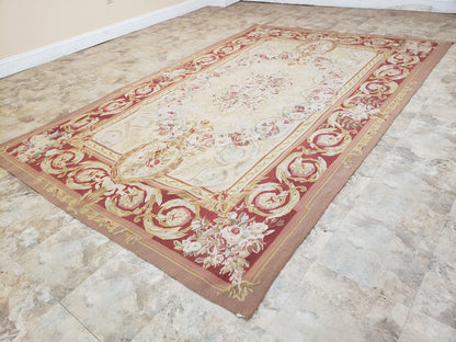 Aubusson Rug 6x9, Elegant Flatweave Rug, Aubusson Savonnerie 6 x 9 Flatweave Area Rug, Cream and Red, Wool Hand Woven Carpet, Medium Size - Nuvé