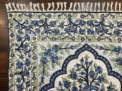 Tree of Life Indian Hand Stitched Rug 4x6, Indian Wall Hanging Rug, Ivory Blue, Silk on Cotton, Vintage - Nuvé