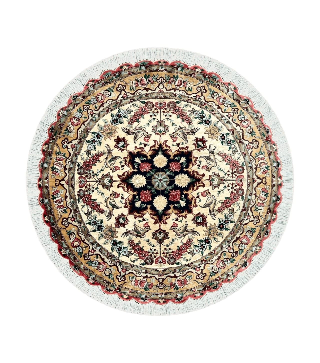 Silk Persian Tabriz Round Rug 3x3 ft, Very Fine Hand Knotted Carpet 380 KPSI, Cream & Gold, Bird Pictorials, Floral, Rare