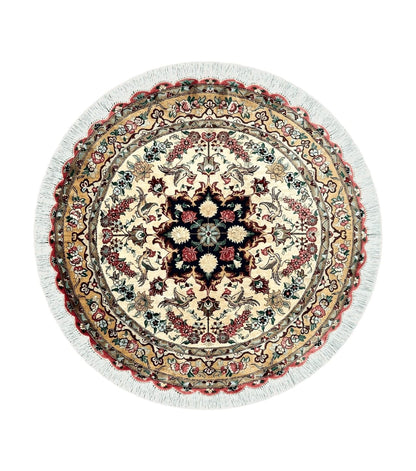 Silk Persian Tabriz Round Rug 3x3 ft, Very Fine Hand Knotted Carpet 380 KPSI, Cream & Gold, Bird Pictorials, Floral, Rare