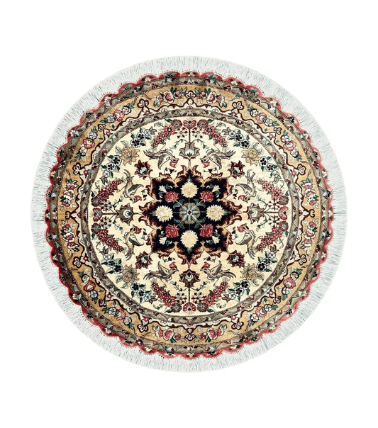 Silk Persian Tabriz Round Rug 3x3 ft, Very Fine Hand Knotted Carpet 380 KPSI, Cream & Gold, Bird Pictorials, Floral, Rare