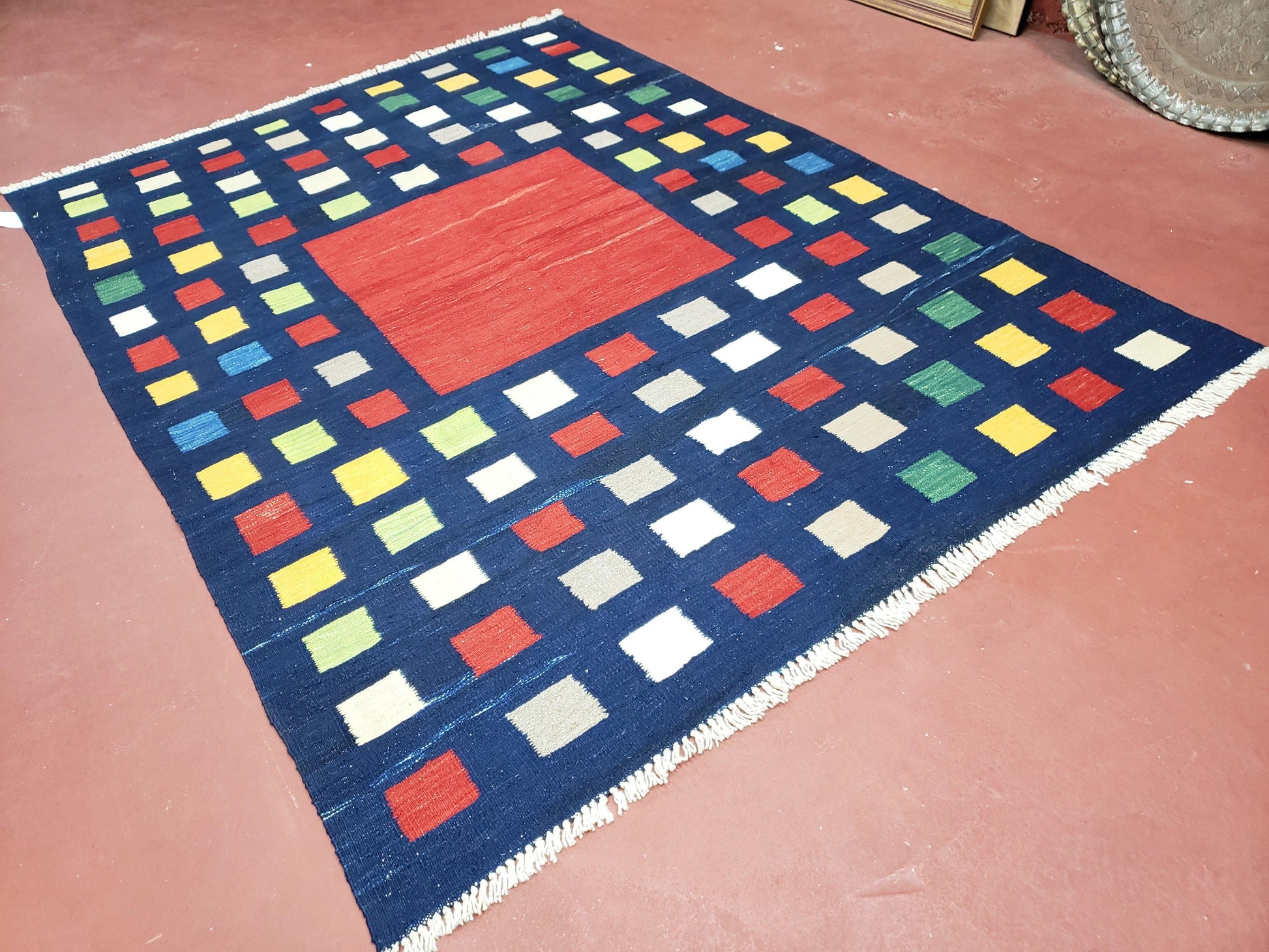 Turkish Kilim Rug 5x7 - 6x8, Checkerboard Kilim Carpet, Area Rug, New Playroom Rug, Colorful Multicolor Rug for Nursery Room, Dark Blue Red - Nuvé