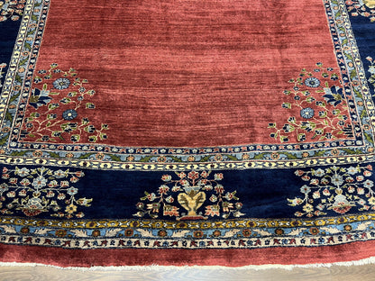 Large Persian Sarouk Rug 10x17, Open Field, Red and Navy Blue, Palace Sized Oversized Hand Knotted Wool Oriental Carpet Flowers Vases Antique 1920s - Nuvé