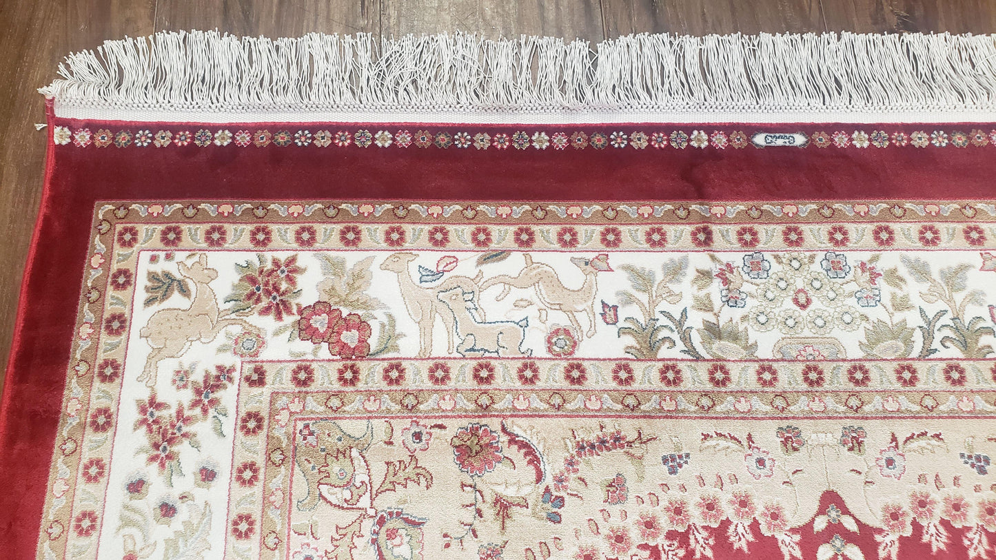 Silk Carpet 4x6 Dark Red & Cream, Tree of Life Rug, Animal Motifs, Birds Deer Rabbits, All Bamboo Silk, 4 x 6 Silk Area Rug - Nuvé