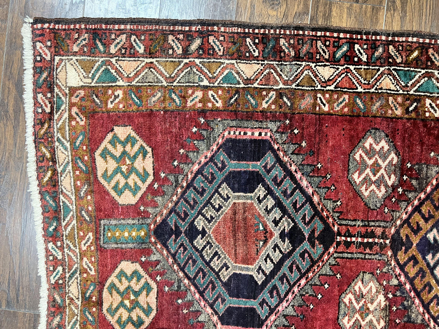 Persian Heriz Runner Rug 3.8 x 8.6, Geometric Design, Large Triple Medallions, Hand Knotted Handmade Vintage Wool Hallway Rug, Red - Nuvé