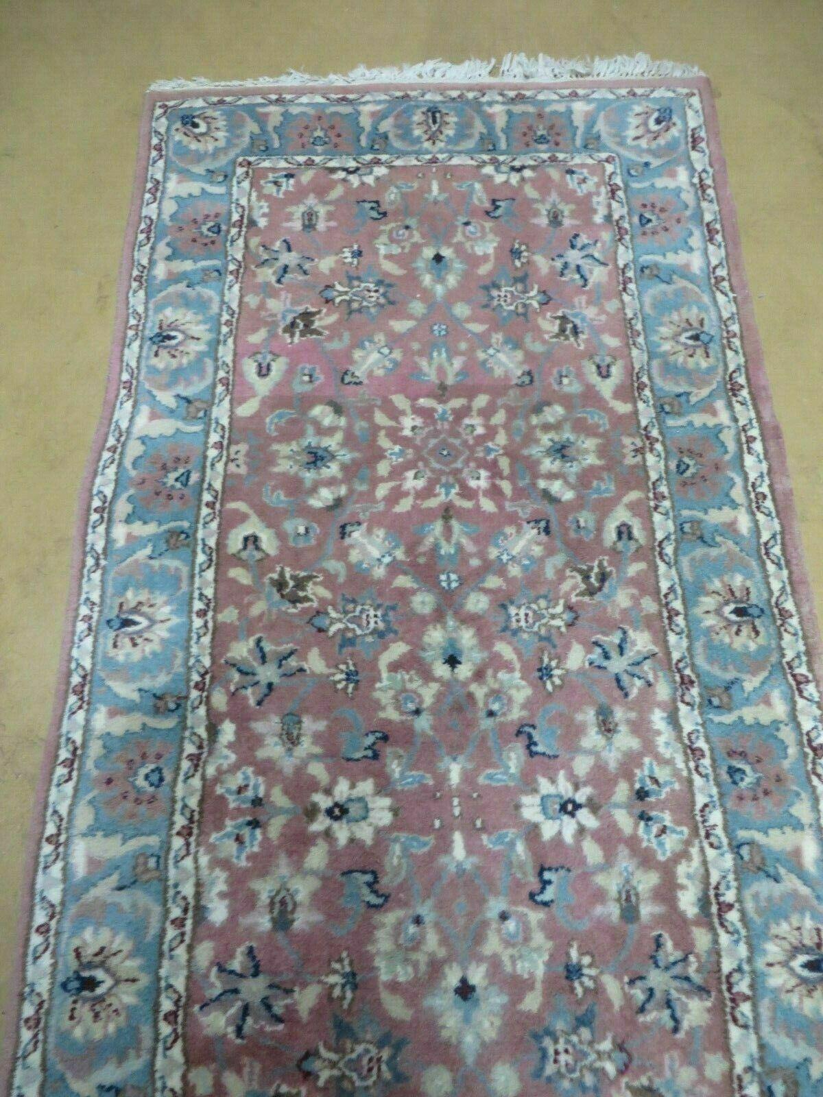 Indo Persian Runner Rug 2.8 x 12, Wool Hand Knotted, Pink and Light Blue - Nuvé
