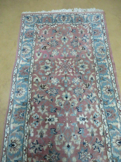 Indo Persian Runner Rug 2.8 x 12, Wool Hand Knotted, Pink and Light Blue - Nuvé