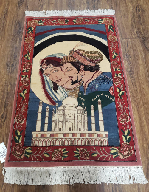 Vintage Small Pictorial Lovers Rug 2.5 x 4, Taj Mahal Indo Persian Rug, Wool Hand-Knotted Indian Rug, King & Queen, Layla and Majnun - Nuvé