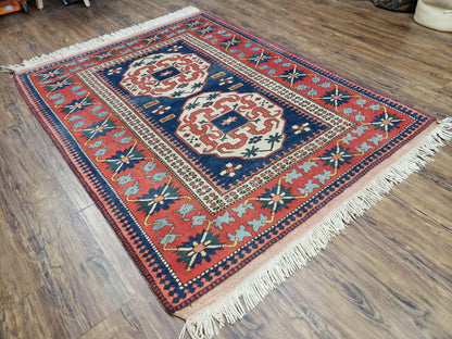 Turkish Kazak Rug 5x6 Vintage Handmade Wool Carpet Geometric Blue Red - Nuvé