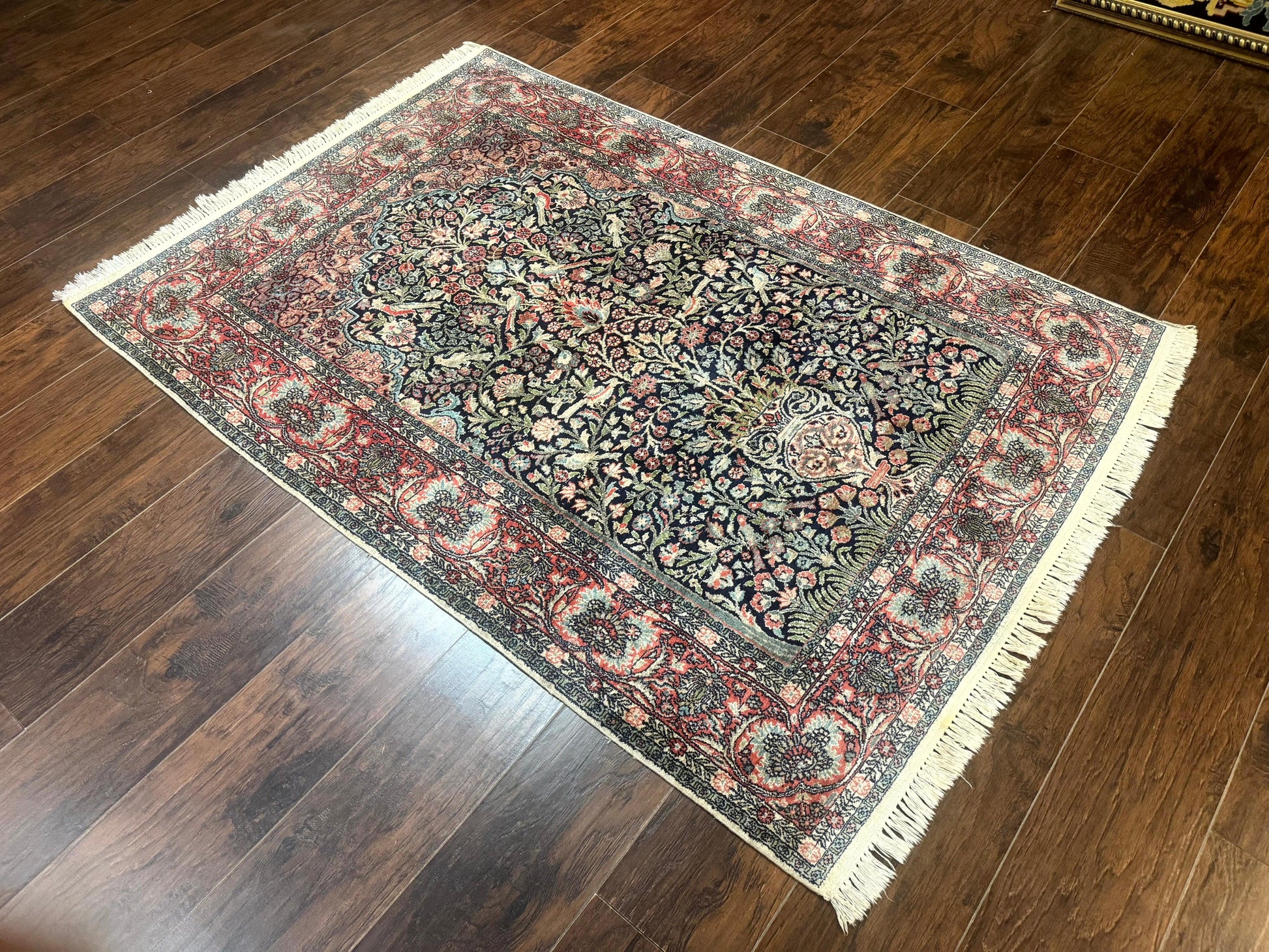 Silk Indian Kashmiri Rug 4x6, Tree of Life Pattern, Birds, Fine 290 KPSI, Navy Blue and Red, Handmade Oriental Carpet - Nuvé
