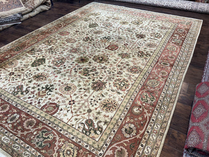 Large Indian Rug 10x14, Hand Knotted Indo Persian Gandehar Oriental Carpet, Vintage Wool Rug 10 x 14 ft Cream Red Floral Allover Traditional - Nuvé