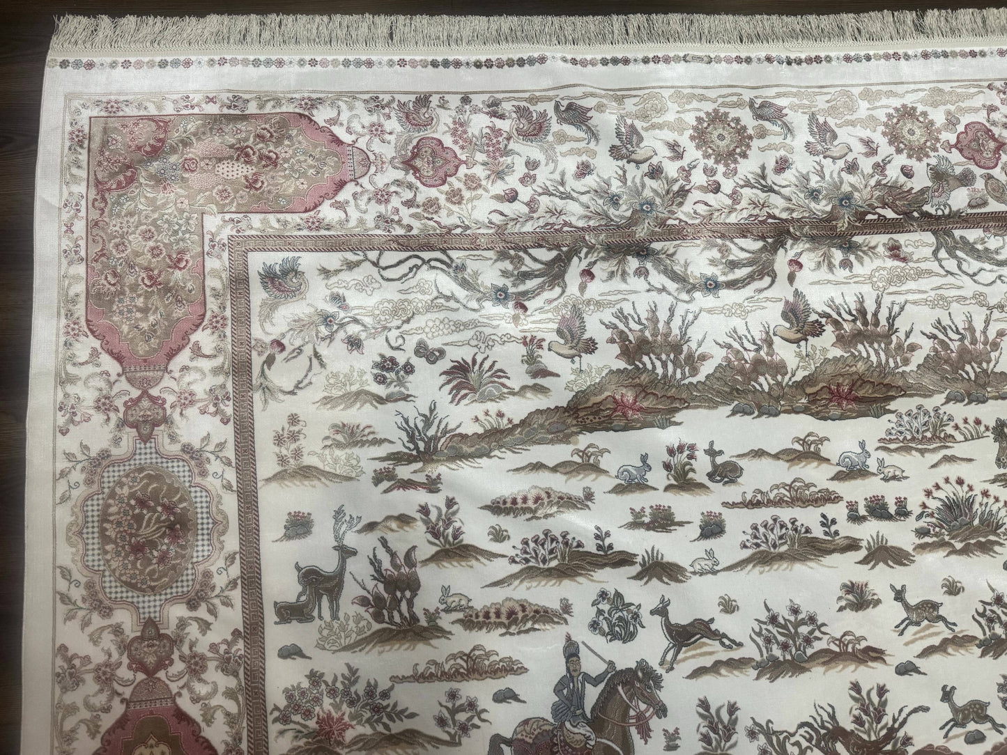 Large Turkish Silk Rug 8x10, Ivory, Hunting Design, Bamboo Silk, New - Nuvé