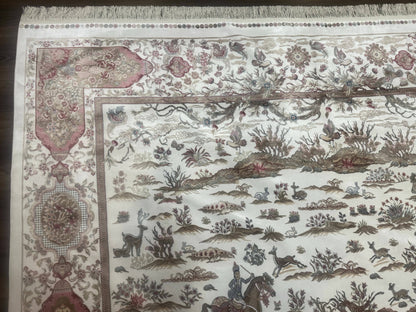 Large Turkish Silk Rug 8x10, Ivory, Hunting Design, Bamboo Silk, New - Nuvé