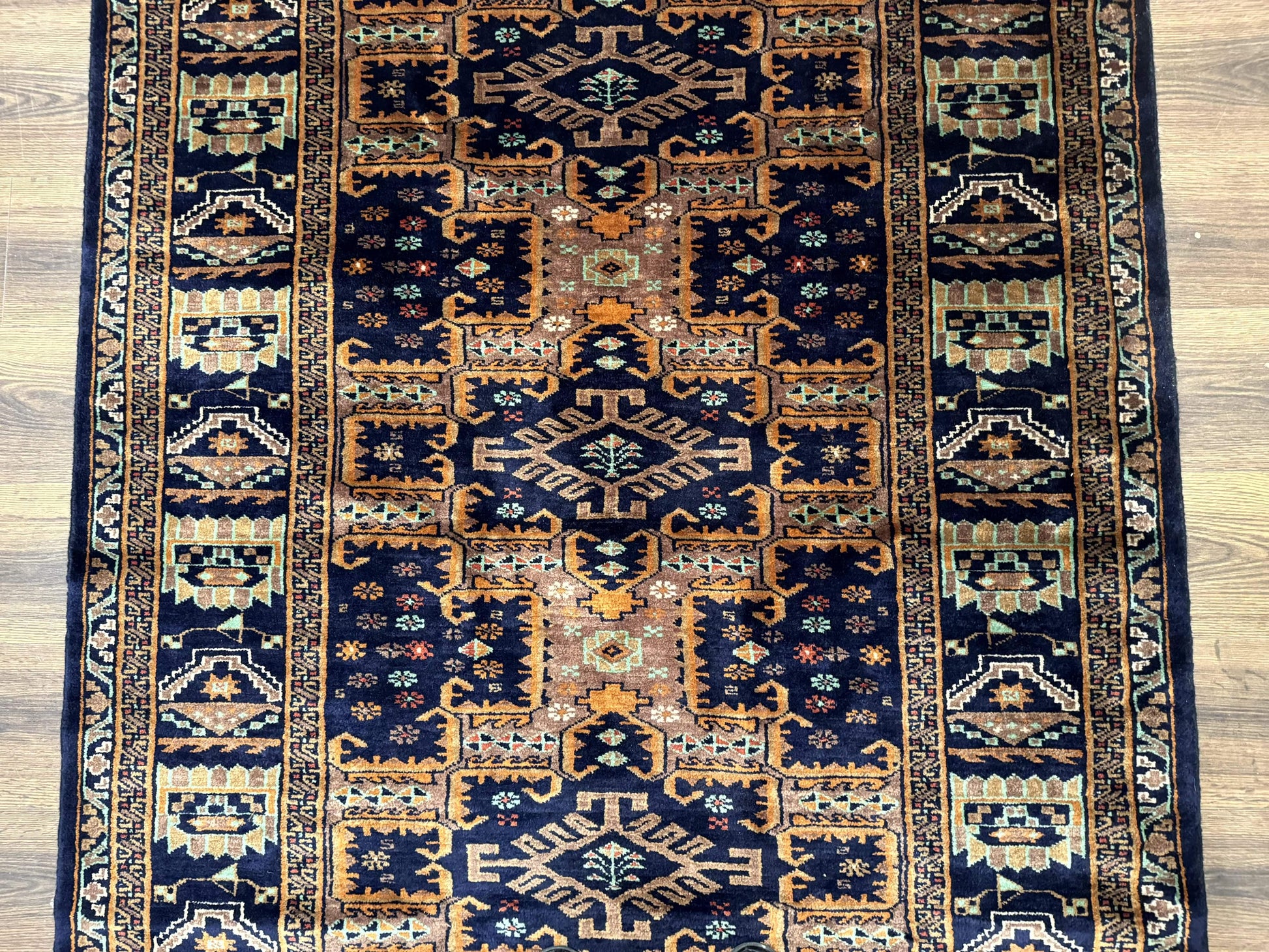 Vintage Afghan Rug 4x6, Navy Blue and Light Brown, Geometric Medallions, Wool on Wool, Tribal Rug - Nuvé