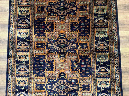 Vintage Afghan Rug 4x6, Navy Blue and Light Brown, Geometric Medallions, Wool on Wool, Tribal Rug - Nuvé