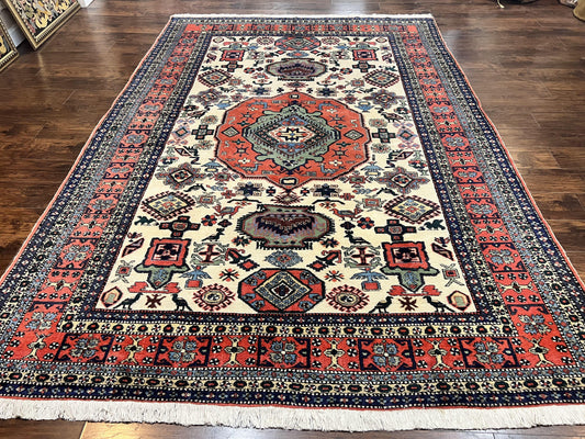 Persian Tribal Rug 8x11, Persian Ardabil Rug, Geometric Medallion Animal Pictorial Rug, Ivory Red Blue, Hand Knotted Vintage Wool Carpet - Nuvé