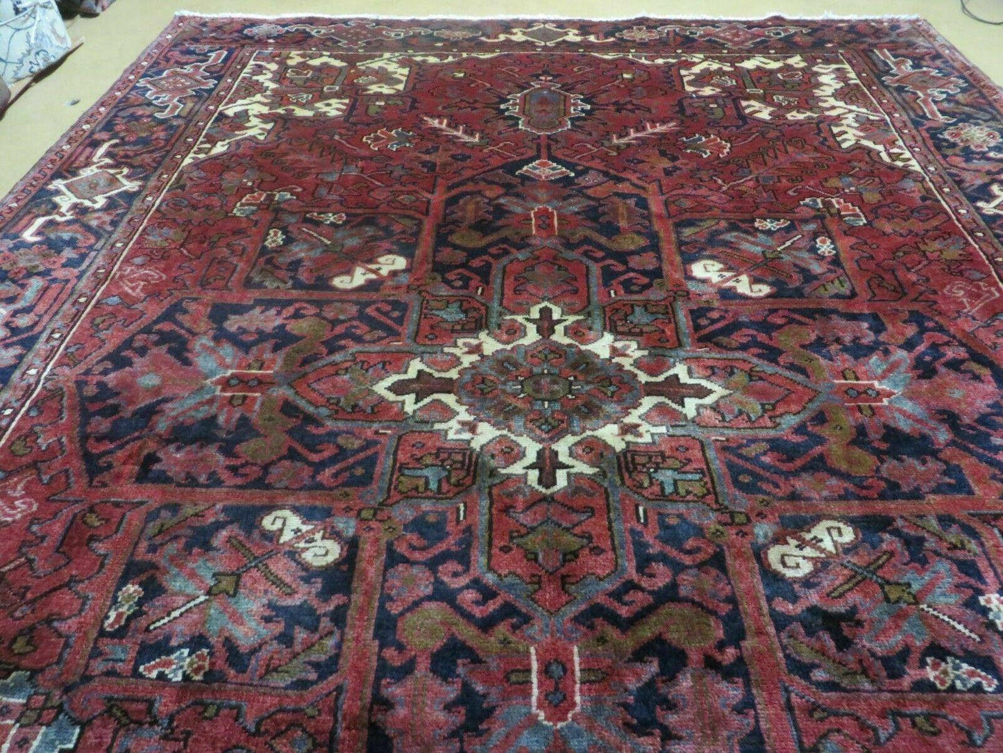 Persian Rug 8x11 Room Sized Heriz Carpet, Hand Knotted Wool Rug, Vintage Semi Antique, Geometric Medallion, Wine Red Cream Dark Blue, Wow - Nuvé