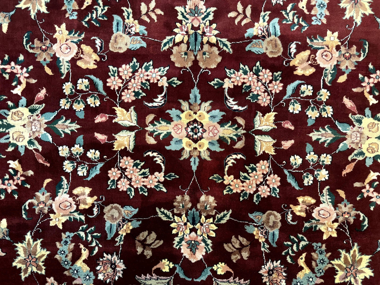 Indo Persian Rug 8x10, Floral Allover with Bird Pictorials, Maroon and Navy Blue, Handmade Wool Area Rug - Nuvé