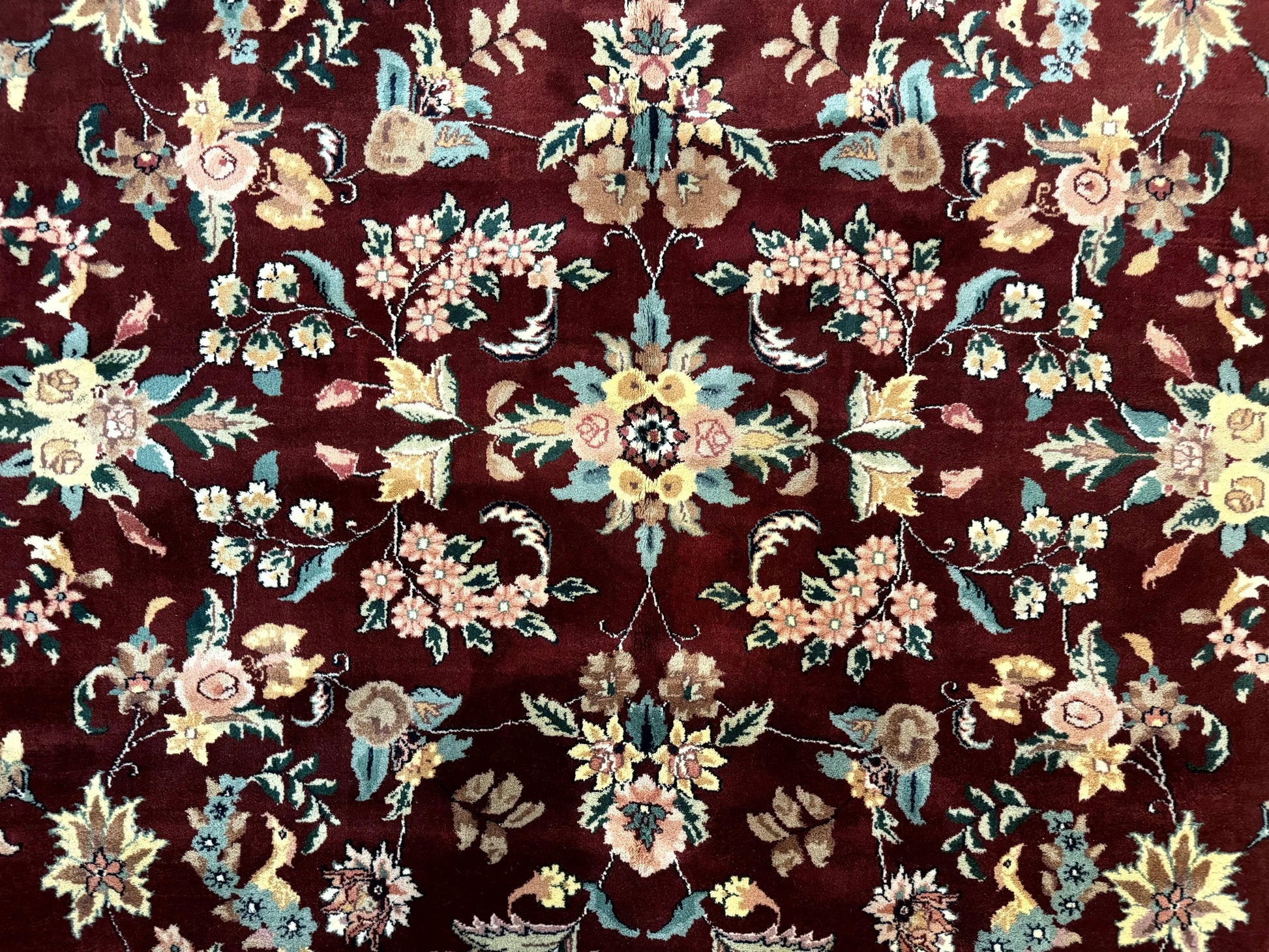 Indo Persian Rug 8x10, Floral Allover with Bird Pictorials, Maroon and Navy Blue, Handmade Wool Area Rug - Nuvé