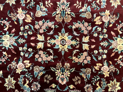 Indo Persian Rug 8x10, Floral Allover with Bird Pictorials, Maroon and Navy Blue, Handmade Wool Area Rug - Nuvé
