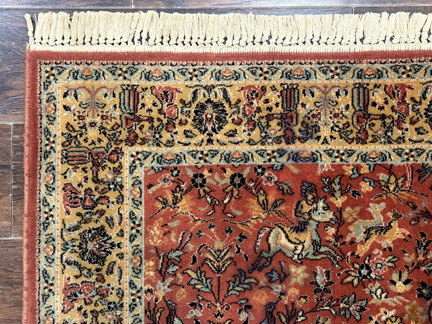 Persian Hunting Design Rug 4.7 x 6.5, Hunting Scene, Red-Orange, Wool, Belgian Power Loomed Carpet - Nuvé