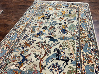 Persian Kashan Pictorial Rug 4.6 x 7, Hunting Scene, SIgned by Masterweaver, Animal Pictorials, Rare, Handmade, Wool, Vintage, Very Fine - Nuvé