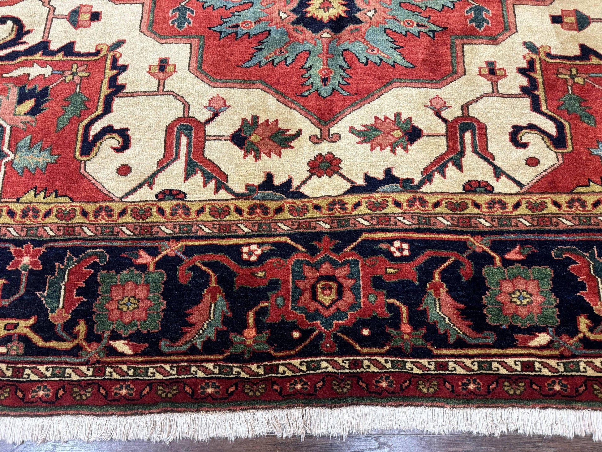 Persian Heriz Serapi Rug 8 x 10.6, Geometric Medallion, Great Colors, Rare, Red Navy Blue Ivory - Nuvé