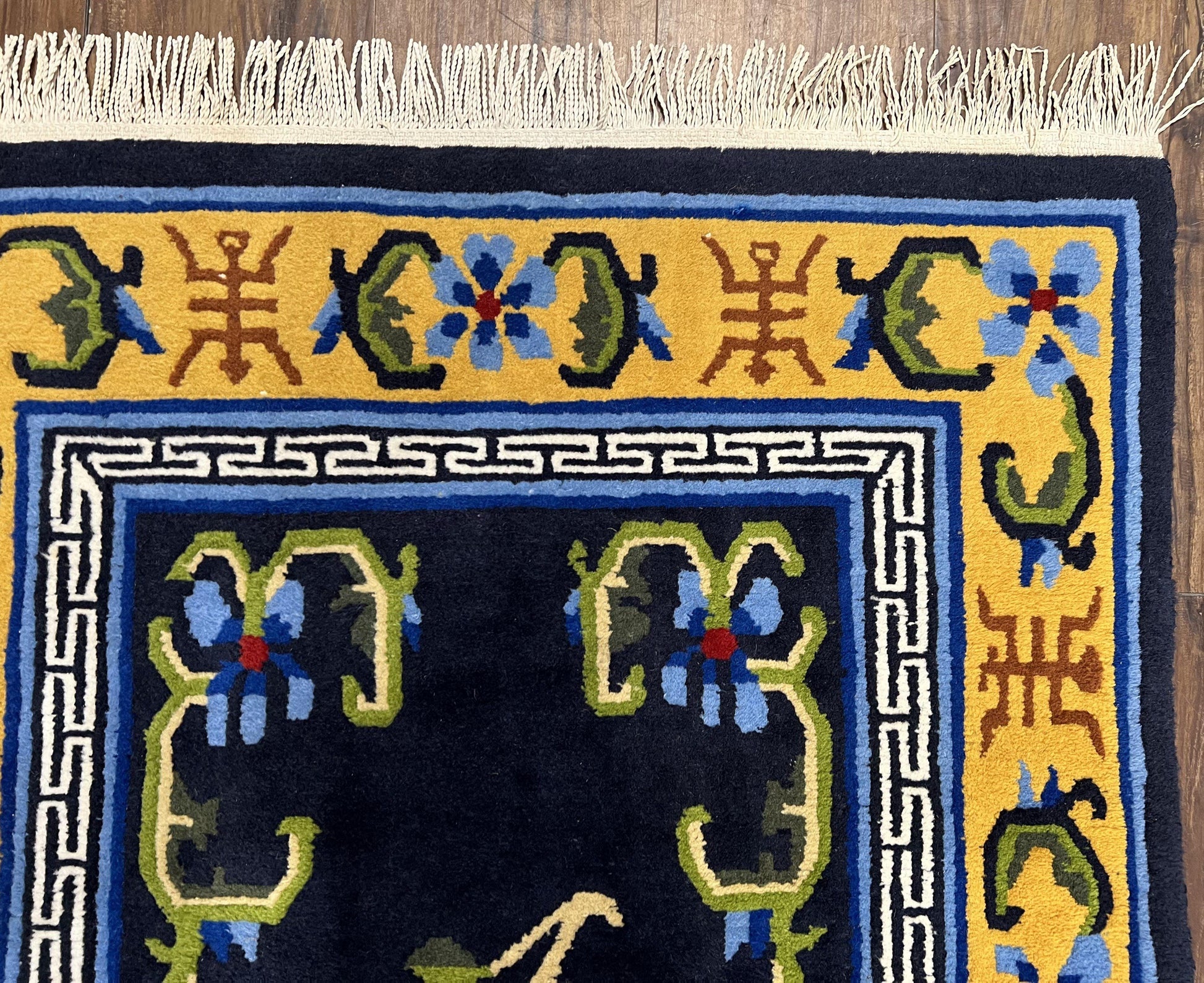 Chinese Art Deco Rug 3 x 5.9, Handmade Chinese Peking Carpet, Dark Blue and Gold, Medallion, Asian Oriental 3x6 Hand Knotted Vintage Rug - Nuvé