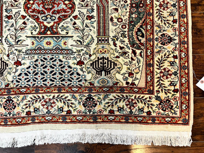 Pak Perisan Prayer Rug 4x6, Tree of LIfe Carpet, Handmade Vintage Wool Rug, Beige, Floral Vases - Nuvé