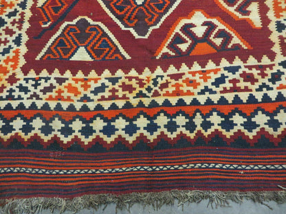 5' X 10' Antique Turkish Kilim Handmade Flat Weave Wool Rug Red Colorful Veg Dye Bohemian Boho Chic Tribal Style And Design - Nuvé