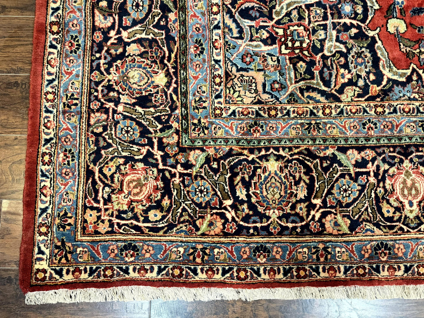 Red Persian Kashan Rug 10x14, Hand-Knotted Semi Antique Floral Medallion Handmade Wool Carpet, Red & Navy Blue - Nuvé