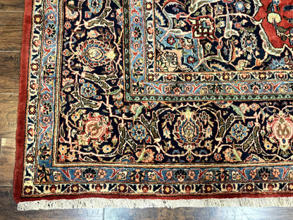 Red Persian Kashan Rug 10x14, Hand-Knotted Semi Antique Floral Medallion Handmade Wool Carpet, Red & Navy Blue - Nuvé