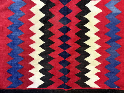 Antique Navajo Rug 3.7 x 2.8, Red Ivory Blue, Zig Zag Pattern, Handmade, Wool - Nuvé