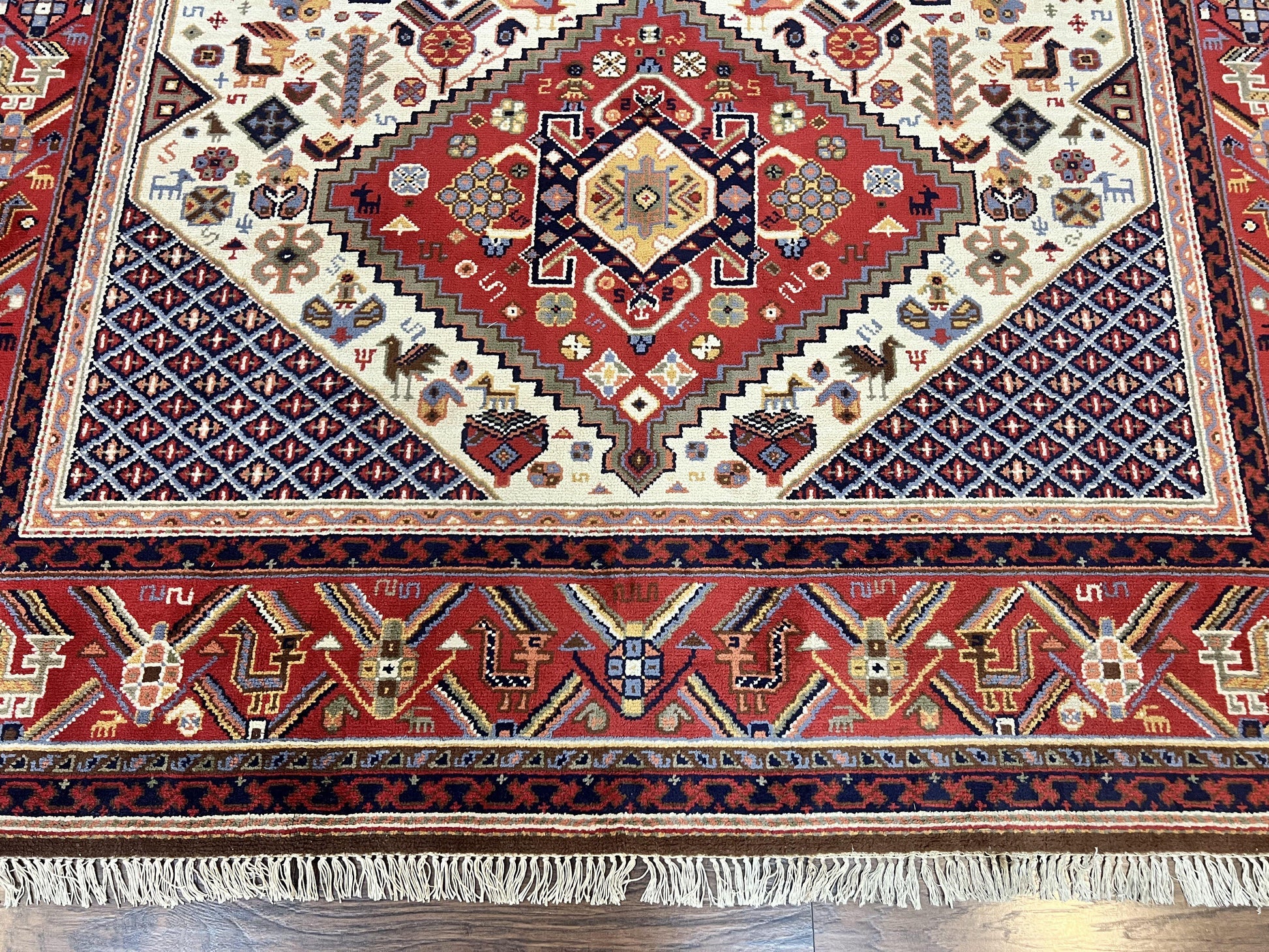 Belgium Power Loomed Rug 8x12, Geometric Medallions Persian Tribal Pattern, Vintage Wool Carpet, Ivory Red Blue - Nuvé