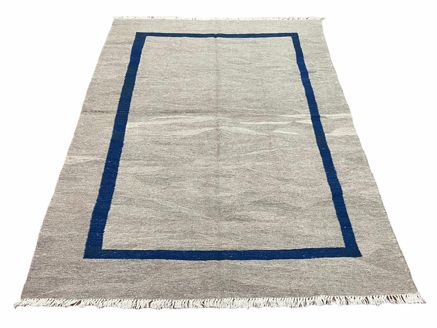 Geometric Turkish Kilim Rug 5' 7" x 7' 9", Flatweave Carpet, Minimal Design, Anatolian Carpet, Gray, Geometric, Dark Blue, Hand-Knotted, New - Nuvé