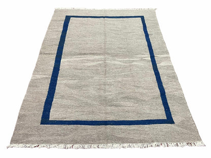 Geometric Turkish Kilim Rug 5' 7" x 7' 9", Flatweave Carpet, Minimal Design, Anatolian Carpet, Gray, Geometric, Dark Blue, Hand-Knotted, New - Nuvé