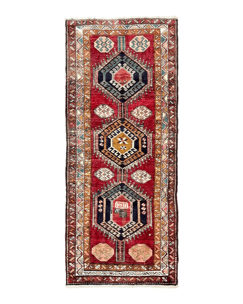Persian Heriz Runner Rug 3.8 x 8.6, Geometric Design, Large Triple Medallions, Hand Knotted Handmade Vintage Wool Hallway Rug, Red