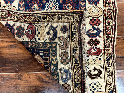 Antique Caucasian Kazak Rug 2.5 x 4, Navy Blue and Ivory, Hand Knotted Handmade Wool Rug - Nuvé