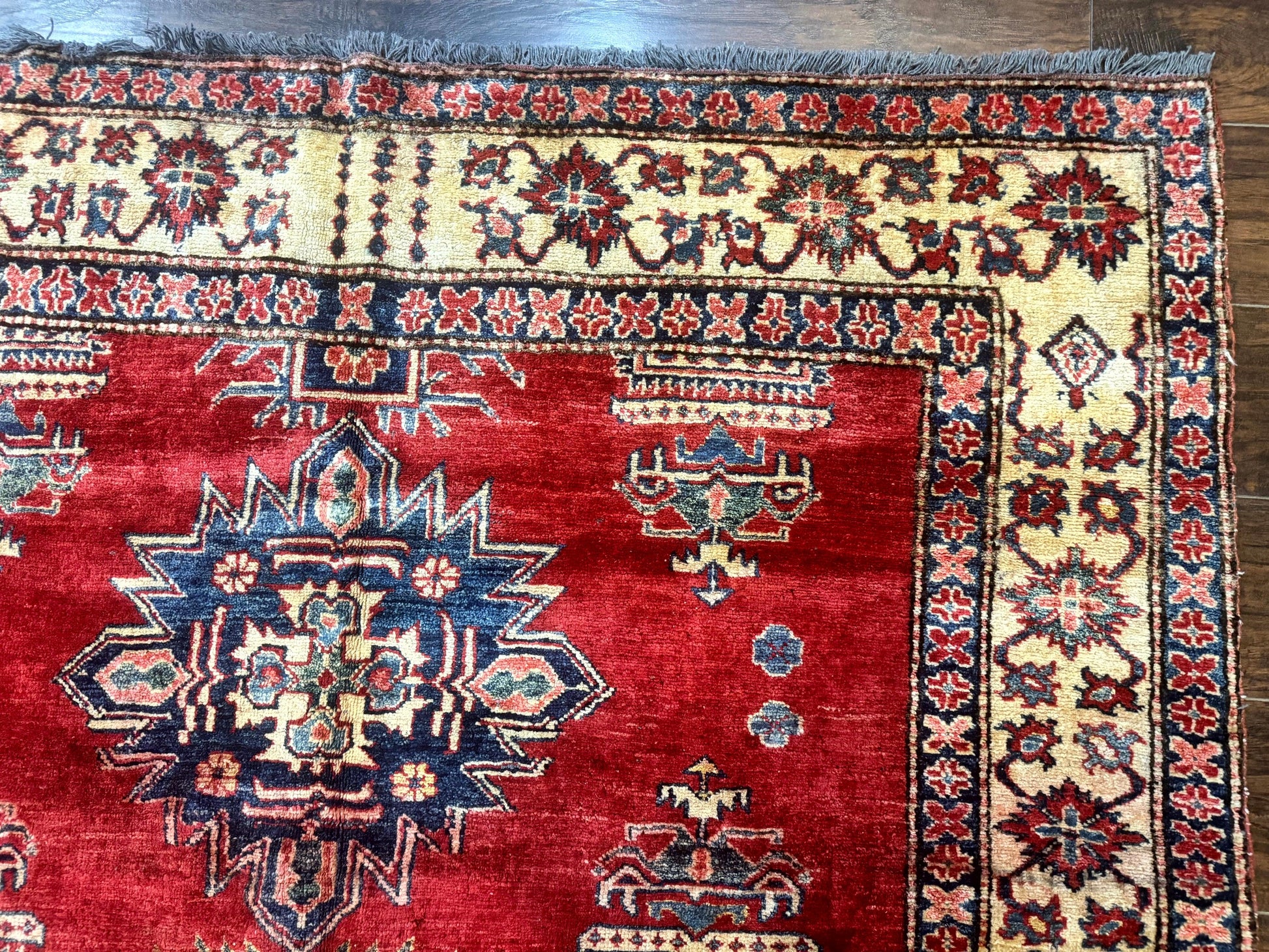 Square Turkish Rug 6x6, Azerbaijani Azeri Turkish Armenian Rug, Red Tan Blue, Geometric, Wool Carpet - Nuvé