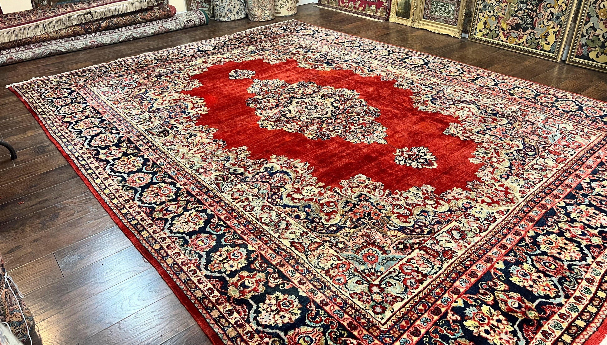 Persian Sarouk Rug 11x14, Semi Open Field, Large Antique Persian Wool Handmade Carpet, Red and Dark Blue, Floral - Nuvé