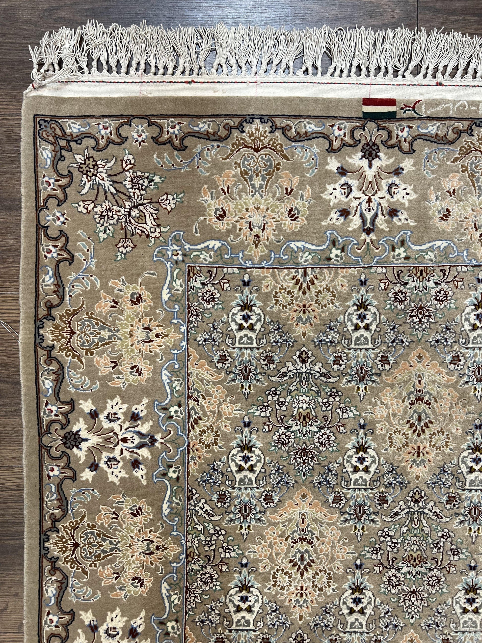 Super Fine Persian Isfahan Rug 3x5 ft, Kork Wool on Silk Foundation, Repeated Floral Motif, Taupe Tan Hand Knotted Oriental Carpet 3 x 5 ft, Signed - Nuvé