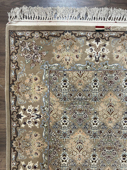 Super Fine Persian Isfahan Rug 3x5 ft, Kork Wool on Silk Foundation, Repeated Floral Motif, Taupe Tan Hand Knotted Oriental Carpet 3 x 5 ft, Signed - Nuvé