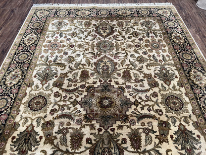 Indo Mahal Rug 6x9, Indian Floral Carpet 6 x 9, Beige and Black, Allover Design, Living Room Rug, Bedroom Rug, Traditional Rug, Vintage Rug - Nuvé