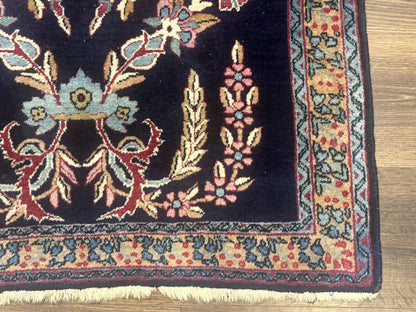Antique Persian Kerman Rug 2.8 x 4, Navy Blue, Floral