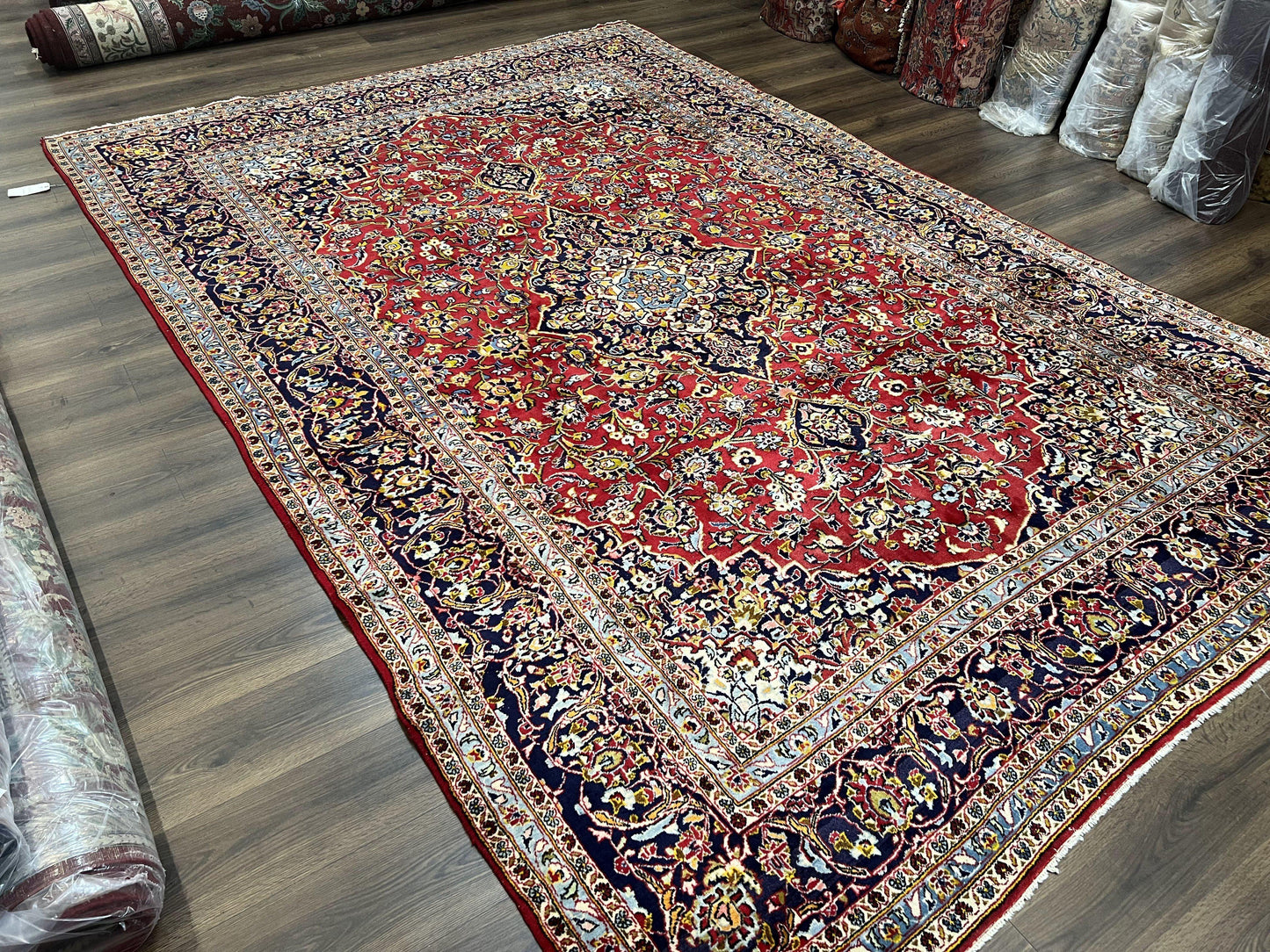 Persian Kashan Rug 9x12, Red Navy Blue, Allover Floral Medallion & Corner Design, Handmade Wool Oriental Carpet, Semi Antique Traditional Carpet - Nuvé