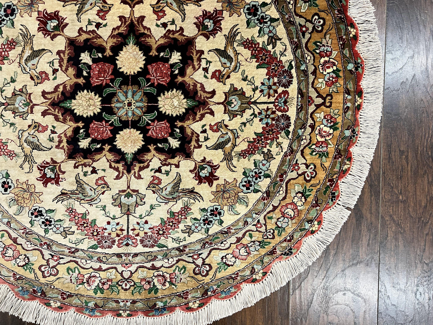 Silk Persian Tabriz Round Rug 3x3 ft, Very Fine Hand Knotted Carpet 380 KPSI, Cream & Gold, Bird Pictorials, Floral, Rare - Nuvé