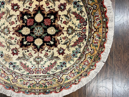 Silk Persian Tabriz Round Rug 3x3 ft, Very Fine Hand Knotted Carpet 380 KPSI, Cream & Gold, Bird Pictorials, Floral, Rare - Nuvé